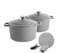 Argon Tableware 2X Round Cast Iron Casserole Dishes With Self-Basting Lid - Slate Grey - 4.5 Litre Dutch Oven Roasting Dish Pot