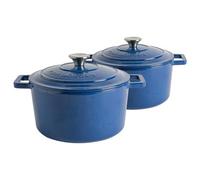 Argon Tableware 2X Shallow Cast Iron Casserole Dishes - 4.5L Blue Enamel Finish, Oven Safe Dutch Oven Cookware With Lid