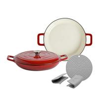 Argon Tableware 2X Shallow Cast Iron Casserole Dishes With Self-Basting Lid - Red Ombre - 2.3 Litre Dutch Oven Roasting Dish