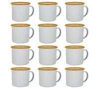 Argon Tableware White Enamel Mugs - 375ml - Yellow - Set of 12 Metal Drinking Cups Coffee Teacup Mug Set Hot, Cold Drinks Cups for Home, Kitchen, Dining, Travel, Camping, Hiking & Outdoor Use