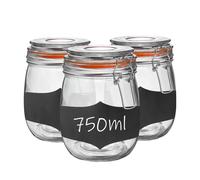 Argon Tableware Glass Jars with Airtight Metal Clip Lid & Chalkboard Stickers - 750ml/26.4oz - 3 Pack - 4 Colour Seals - Kitchen Container Round Preserving Jar for Pickling, Chutney, Jam, Coffee