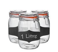 Argon Tableware 3X Glass Storage Jars & Labels Set - 1L/33.8Oz - 4 Colour Seals Airtight Kitchen Storage Container Preserving Jar