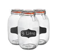 Argon Tableware Glass Jars with Airtight Metal Clip Lid & Chalkboard Stickers - 3000ml/105.5oz - 3 Pack - 4 Colour Seals - Preserving Storage Jar for Pickling, Chutney, Jam, Coffee, Biscuit