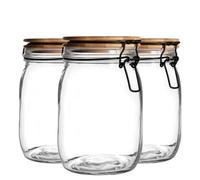 Argon Tableware 3X Glass Storage Jars - Wooden Clip Lid - 1 Litre Airtight Kitchen Container Round Preserving Jar With Clear Seal