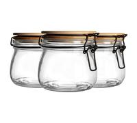 Argon Tableware 3X Glass Storage Jars - Wooden Clip Lid - 500Ml - Airtight Kitchen Container Round Preserving Jar With Clear Seal