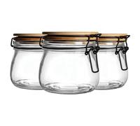 Argon Tableware 3X Glass Storage Jars - Wooden Clip Lid - 500Ml - Airtight Kitchen Container Round Preserving Jar With Black Seal