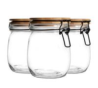 Argon Tableware 3X Glass Storage Jars - Wooden Clip Lid - 750Ml - Airtight Kitchen Container Round Preserving Jar With Clear Seal