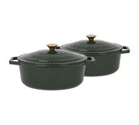 Argon Tableware 4.5L Oval Cast Iron Casserole Dishes with Self-Basting Lids - Green - 2 Pack Induction Hob Cooking 4.75QT Dutch Oven Bread Baking Serving Roasting Stew Stock Pot Cookware Pan