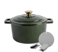 Argon Tableware 4.5L Round Cast Iron Casserole Dish - Green | Self-Basting Lid, Induction Hob Cooking, 4.75QT Dutch Oven, Bread Baking, Serving, Roasting, Stew, Stock Pot, Cookware Pan