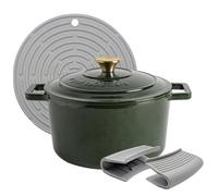 Argon Tableware 4.5L Round Cast Iron Casserole Dish with Self-Basting Lid - Green - Induction Hob Cooking 4.75QT Dutch Oven Bread Baking Serving Roasting Stew Stock Pot Cookware Pan