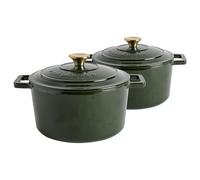 Argon Tableware 4.5L Round Cast Iron Casserole Dishes with Self-Basting Lids - Green - 2x Induction Hob Cooking Dutch Oven Bread Baking Serving Roasting Stew Stock Pot Cookware Pan