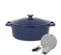 Argon Tableware 4.5L Oval Cast Iron Casserole Dish with Self-Basting Lid - Midnight Blue - Induction Hob Cooking 4.75QT Dutch Oven Bread Baking Serving Roasting Stew Stock Pot Pan