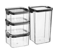 Argon Tableware 4 Piece Food Storage Containers Set - Plastic Kitchen Pantry Organiser Jars - Clip Lid - 2 Sizes - Black