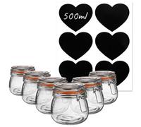 Argon Tableware Glass Storage Jars with Labels - Vintage Food Preserving Container - Clip Lid - 500ml - Orange, White, Clear & Black Seals - Pack of 6