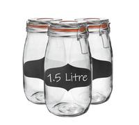 Argon Tableware 6X Glass Storage Jar & Labels Set - 1.5L/50.7Oz - 4 Colour Seals Airtight Kitchen Storage Container Preserving Jar