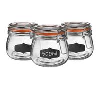 Argon Tableware Glass Jars with Airtight Metal Clip Lid & Chalkboard Stickers - 500ml/17.6oz - 6 Pack - 4 Colour Seals - Kitchen Container Round Preserving Jar for Pickling, Chutney, Jam, Coffee