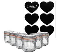 Argon Tableware Glass Storage Jars with Labels - Vintage Food Preserving Container - Clip Lid - 200ml - Orange, White, Clear & Black Seals - Pack of 6