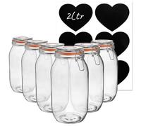 Argon Tableware Glass Storage Jars with Labels - Vintage Food Preserving Container - Clip Lid - 2 Litre - Orange, White, Clear & Black Seals - Pack of 6