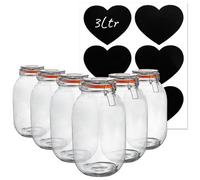 Argon Tableware Glass Storage Jars with Labels - Vintage Food Preserving Container - Clip Lid - 3 Litre - Orange, White, Clear & Black Seals - Pack of 6