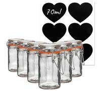 Argon Tableware Glass Storage Jars with Labels - Vintage Food Preserving Container - Clip Lid - 70ml - Orange, White, Clear & Black Seals - Pack of 6