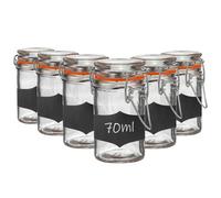 Argon Tableware Glass Spice Jars with Airtight Metal Clip Lid & Chalkboard Stickers - 70ml/2.5oz - 6 Pack - 4 Colour Seals - Kitchen Storage Container Round Preserving Jar for Spice, Seasoning