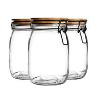 Argon Tableware 6X Glass Storage Jars - Wooden Clip Lid - 1 Litre Airtight Kitchen Container Round Preserving Jar With Black Seal