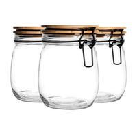 Argon Tableware 6X Glass Storage Jars - Wooden Clip Lid - 750Ml - Airtight Kitchen Container Round Preserving Jar With Black Seal