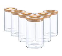 Argon Tableware 6x Scandi Glass Storage Jars - Carved Wood Lid - 1 Litre Round Glass Jar in Clear Argon Tableware Clear