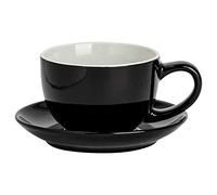 Argon Tableware Black Cappuccino Cup with Saucer - 250ml Dishwasher Safe Gloss Stoneware Cappuccino Cups and Saucer Set Coffee Mugs with Handle and Grooved Plate
