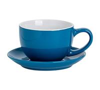 Argon Tableware Blue Cappuccino Cup with Saucer - 250ml Dishwasher Safe Gloss Stoneware Cappuccino Cups and Saucer Set Coffee Mugs with Handle and Grooved Plate