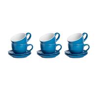 Argon Tableware Blue Cappuccino Cups with Saucers - Set of 6-250ml Dishwasher Safe Gloss Stoneware Cappuccino Cups and Saucer Set Coffee Mugs with Handle and Grooved Plate