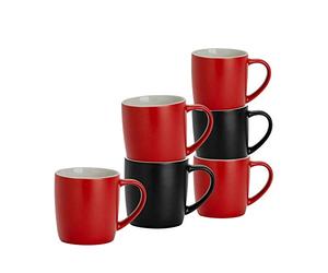 Argon Tableware Coloured Coffee Mugs - Black/Red - 350ml - Pack of 6 - Matte Ceramic Stoneware Latte Cappuccino Cups Hot Chocolate Cups Colourful Mug Set with Handle