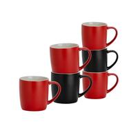 Argon Tableware Coloured Coffee Mugs - Black/Red - 350ml - Pack of 6 - Matte Stoneware Latte Cappuccino Cups Hot Chocolate Cups Colourful Mug Set with Handle