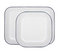 Argon Tableware Enamel Baking Tray Set - Blue Rim - 2Pc Lightweight Metal Enamel Oven Tray Kitchen Bakeware Flat Cooking Pan