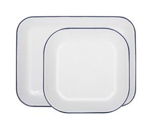 Argon Tableware Enamel Baking Tray Set - Blue Rim - 2Pc Lightweight Metal Enamel Oven Tray Kitchen Bakeware Flat Cooking Pan