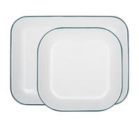Argon Tableware Enamel Baking Tray Set - Green Rim - 2Pc Lightweight Metal Enamel Oven Tray Kitchen Bakeware Flat Cooking Pan