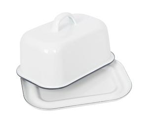 Argon Tableware Enamel Butter Dish with Lid - 18.5x10cm - Blue Rim - White Enamel Vintage Kitchen Butter Dish Fridge Cheese Storage Container for Butter, Cheese, Margarine
