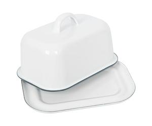 Argon Tableware Enamel Butter Dish with Lid - 18.5x10cm - Green Rim - White Enamel Vintage Kitchen Butter Dish Fridge Cheese Storage Container for Butter, Cheese, Margarine