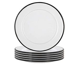 Argon Tableware Enamel Side Plates - 20cm (8inch) - Black - Set of 6 Small Dish Coloured Rim Dessert Plates Metal Enamel Tableware Dinner Set for Kitchen, Dining, Serving, Camping & Outdoor Use