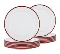 Argon Tableware Enamel Side Plates - 20cm (8inch) - Red - Set of 12 Small Dish Coloured Rim Dessert Plates Metal Enamel Tableware Dinner Set for Kitchen, Dining, Serving, Camping & Outdoor Use