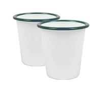 Argon Tableware 300ml Enamel Tumbler Cups with Green Rims - Pack of 2 - White Enamel Reusable Stainless Steel Drinking Glasses Travel Cups for Camping, Travelling, Picnics