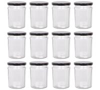 Argon Tableware Glass Jam Jars with Airtight Black Lids - 380ml - Pack of 12 - Empty Screw Top Kitchen Storage Jar for Food, Honey, Spice, Pickling, Preserving, Candle Making