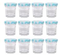 Argon Tableware Glass Jam Jars with Airtight Blue Gingham Lids - 30ml - Pack of 12 - Empty Screw Top Kitchen Storage Jar for Food, Honey, Spice, Pickling, Preserving, Candle Making