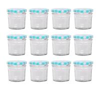 Argon Tableware Glass Jam Jars with Airtight Blue Gingham Lids - 90ml - Pack of 12 - Empty Screw Top Kitchen Storage Jar for Food, Honey, Spice, Pickling, Preserving, Candle Making