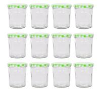 Argon Tableware Glass Jam Jars with Airtight Green Gingham Lids - 250ml - Pack of 12 - Empty Screw Top Kitchen Storage Jar for Food, Honey, Spice, Pickling, Preserving, Candle Making