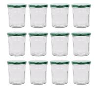 Argon Tableware Glass Jam Jars with Airtight Green Lids - 250ml - Pack of 12 - Empty Screw Top Kitchen Storage Jar for Food, Honey, Spice, Pickling, Preserving, Candle Making