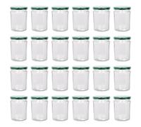 Argon Tableware Glass Jam Jars with Airtight Green Lids - 380ml - Pack of 24 - Empty Screw Top Kitchen Storage Jar for Food, Honey, Spice, Pickling, Preserving, Candle Making