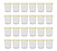 Argon Tableware Glass Jam Jars with Airtight Yellow Gingham Lids - 250ml - Pack of 24 - Empty Screw Top Kitchen Storage Jar for Food, Honey, Spice, Pickling, Preserving, Candle Making