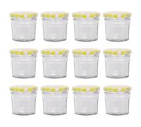 Argon Tableware Glass Jam Jars with Airtight Yellow Gingham Lids - 90ml - Pack of 12 - Empty Screw Top Kitchen Storage Jar for Food, Honey, Spice, Pickling, Preserving, Candle Making