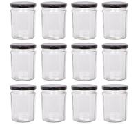 Argon Tableware Glass Jam Jars with Airtight Black Lids - 380ml - Pack of 12 - Empty Screw Top Kitchen Storage Jar for Food, Honey, Spice, Pickling, Preserving, Candle Making